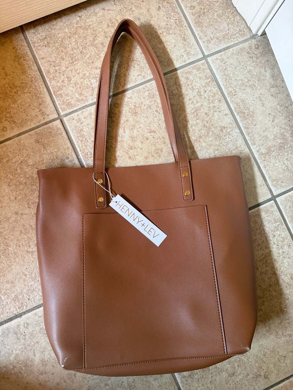Henny + Lev Vegan Leather Tote Bag with Front Pocket - Brown